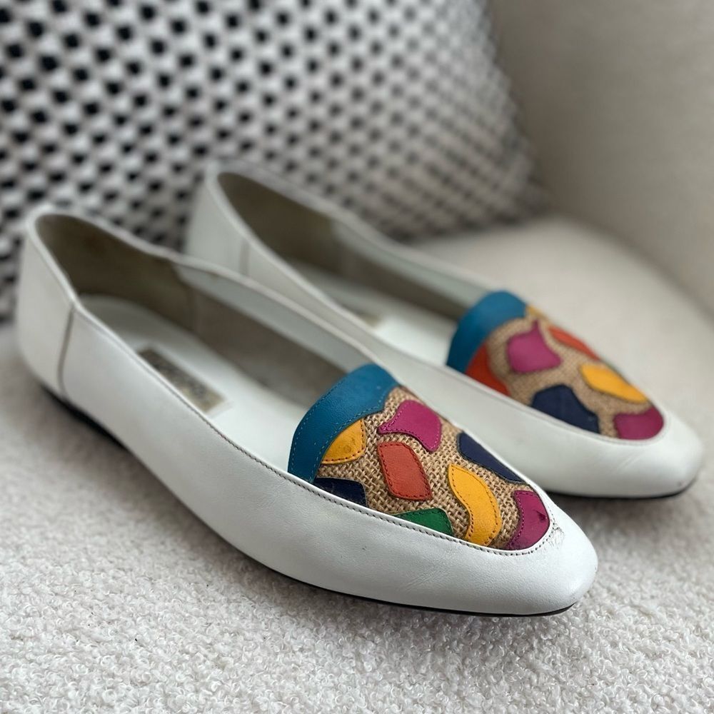 Vintage 80s 90s Arpeggios Leather Loafers Flats Shoes Rainbow Color White 9
